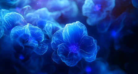Obraz premium Close-up of blue glowing cells in an organic setting, captured with a macro lens and vibrant lighting.
