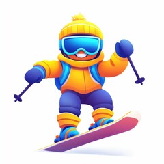 Fototapeta premium Cartoon skier in orange jacket and blue goggles enjoys downhill skiing.