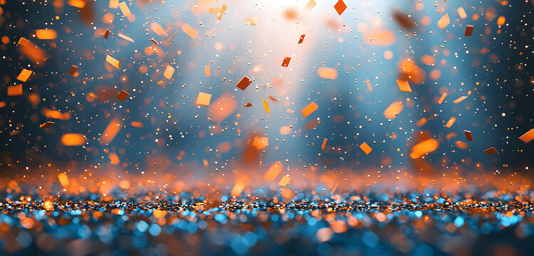 Floating orange and blue particles move dynamically in the air, isolated with a transparent background.