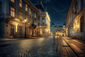 Fototapeta premium Cobblestone street illuminated by streetlights leading to a palace at night with a starry sky