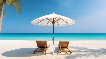 Fototapeta premium Tropical Beach Vacation, White Sand, Beach Chairs, Umbrella And A Beautiful Blue Sky With Scattered Clouds