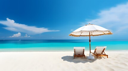 Tropical Beach Vacation, White Sand, Beach Chairs, Umbrella And A Beautiful Blue Sky With Scattered Clouds