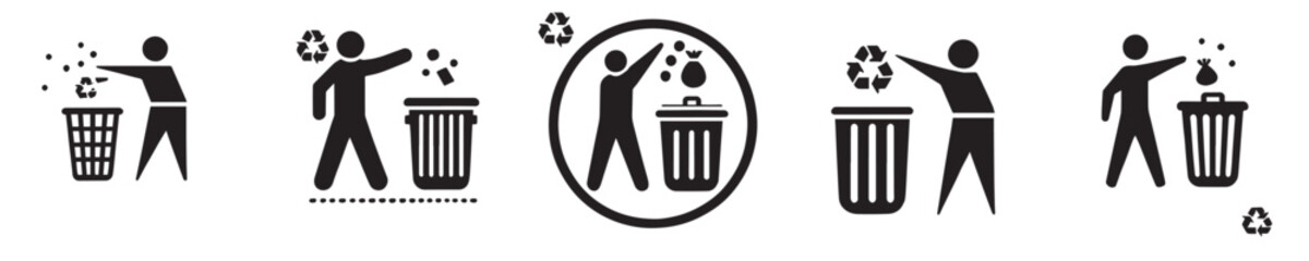 Vector collection of icons of people throwing rubbish in simple black and white designs