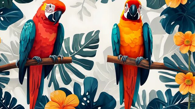 Colorful Macaw Parrot Vector Illustration Isolated on Branch in Tropical Jungle Nature
