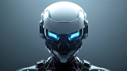 Fototapeta premium Futuristic robot head with glowing blue eyes, close-up view.
