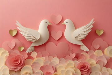 Collection of Layered Paper Hearts and Doves on Pink Background