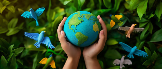 International Bird Day theme poster. Hands holding miniature planet surrounded by birds.