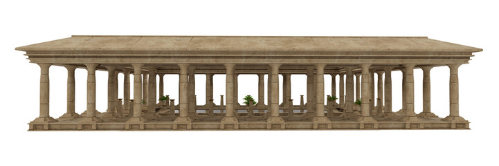 Ancient Egyptian architecture with stone columns around a pool of water. Isolated 3D rendered illustration.