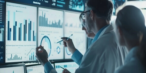 Data analysts evaluate digital dashboards and analytics in a high-tech monitoring room during a research project