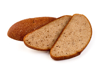 Rye bread loaf with slices, isolated on white background.