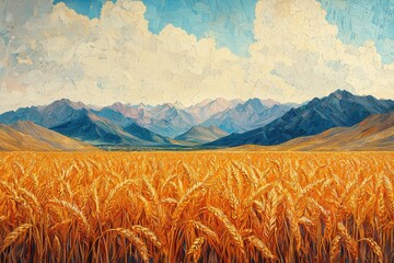 Fields of golden wheat with textured details and mountains rising in the distance