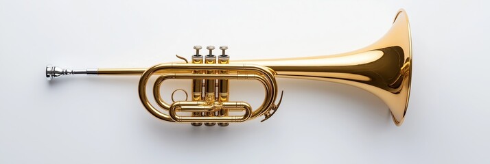 Fototapeta premium A gold trumpet is displayed on a white background. The trumpet is shiny and has a golden color