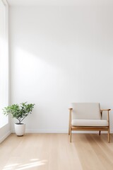 A white chair sits in front of a window with a potted plant. The room is empty and has a minimalist feel