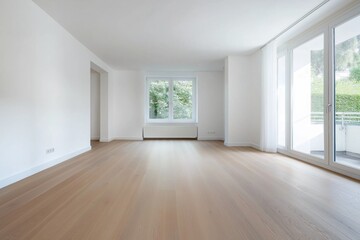 A large, empty room with a wooden floor and white walls. The room has a minimalist feel and is open to the outside