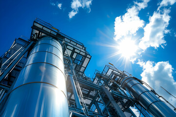 Industrial cooling towers under a bright blue sky