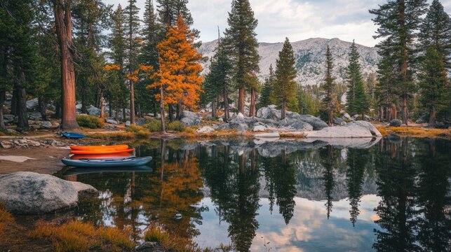 Serene Autumn Reflection over a Calm Lake Surrounded by Tall Pine Trees, with Colorful Kayaks Resting by the Shore in a Majestic Mountain Landscape