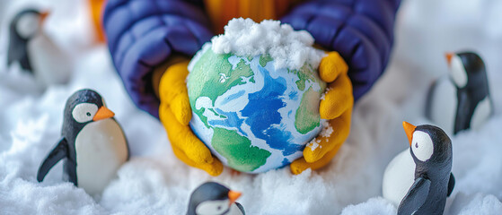 World Penguin Day theme poster. Hands holding miniature planet and penguins.