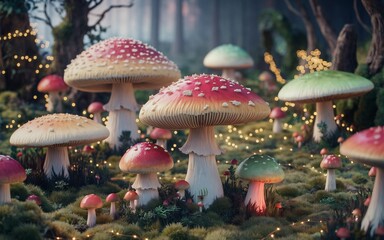 mushroom decor, Enchanting mushroom forest with glowing lights.