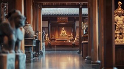 Serene Interior of a Traditional Temple Featuring a Central Buddha Statue Surrounded by Intricate Wooden Carvings and Ornate Sculptures in a Peaceful Environment