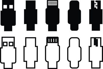 USB cable Icon in flat line set. Streamlined network cable connections Ethernet phone socket. Mobile wire charger. Electronic hardware vector for apps or web isolated on transparent background