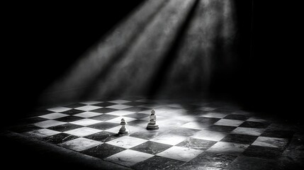 Spotlight on chessboard with fallen king emphasizing the struggle of rivalry