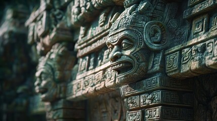 Intricate Stone Carvings of Ancient Civilization Depicting Mystical Figures and Symbols, Capturing the Artistic Heritage of Pre-Columbian Cultures in Detail