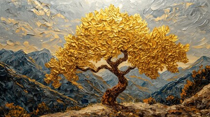 Complex Artwork of Olive Tree Surrounded by Celestial Landscape and Shimmering Skies