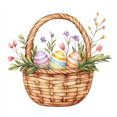 Watercolor easter basket with colorful eggs spring garden art illustration bright and cheerful vibrant colors, isolated on white background