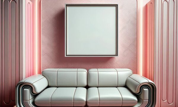 Modern light pastel pink interior with white moden sofa on a podium with blank painting frame above it zoom in
