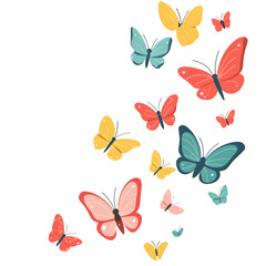 Vector illustration of colorful butterflies flying in the air, simple flat style, white background, cute cartoon design, simple lines
