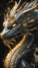 Detailed metal dragon featuring intricate scales and flames against a dark backdrop
