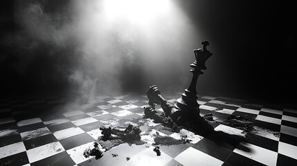Chessboard with fallen king under intense light illustrating themes of rivalry