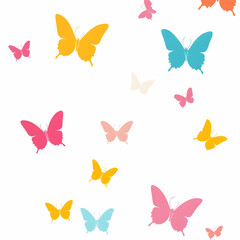 Vector illustration of colorful butterflies flying in the air, simple flat style, white background, cute cartoon design, simple lines