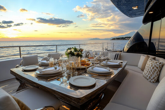 Elegant dining setup on a yacht overlooking a tranquil coastline at sunset near a serene rocky shore