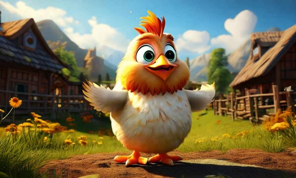 Happy Cartoon Chicken Jumping and Dancing on a Farm