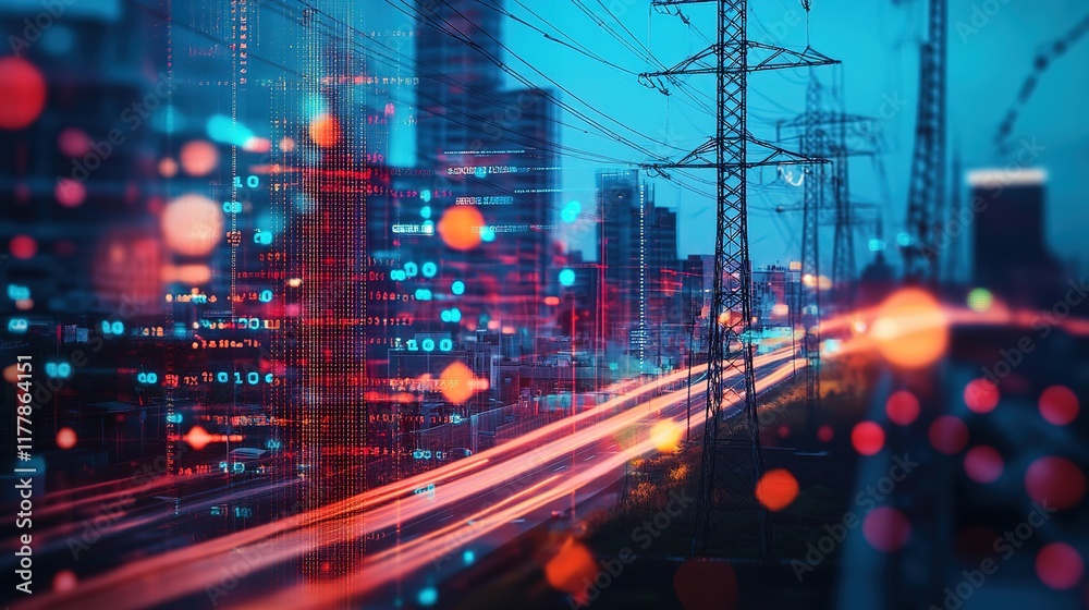 Poster an abstract technology background featuring a vibrant array of colored optical fibers, creating a vi
