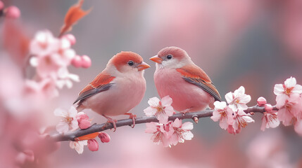 Pink finches perched on cherry blossom branch amid spring blooms, symbolizing natural harmony
