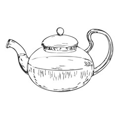 Teapot Hand-Drawn Vector, Graphic Style, Cartoon Illustration, Black and White, Sketch Style, Isolated on White Background