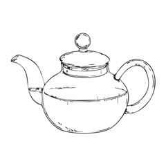 Teapot Hand-Drawn Vector, Graphic Style, Cartoon Illustration, Black and White, Sketch Style, Isolated on White Background