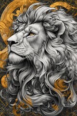 Intricate Lion Face with Cascading Hair Set Against Decorative Gold and Silver Designs