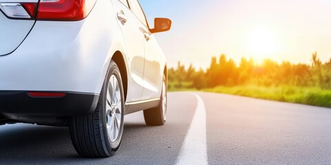 White car driving on a sunny road.