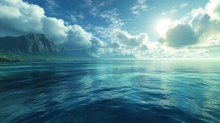 Obraz premium Gradient blues and greens create a serene atmosphere highlighting the vastness of the ocean under a bright sky