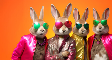 Creative animal concept. Group gang of rabbit bunny hare in sparkly rock punk neon bright colour outfit, copy text space. commercial, editorial advertisement party invitation invite	