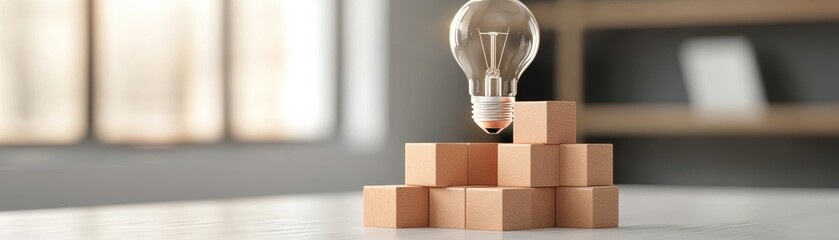 A light bulb is placed above wooden blocks, symbolizing ideas and creativity in a modern workspace.