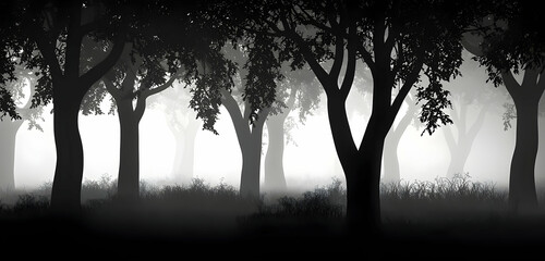 A foggy, dark forest silhouette with trees casting eerie shadows in the mist, isolated with a mysterious and moody tone.