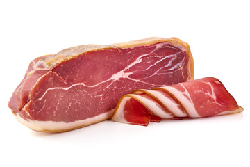 Dry Spanish ham, Jamon Serrano, Iberian ham Isolated on white background.