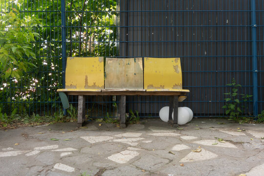 Rustic Yellow Bench with Balloons