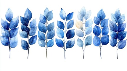 Blue leaves branches watercolor set on white background.