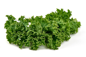 Fresh curly kale leaf, isolated on white background.