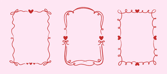 Set of hand drawn frames with hearts, bows and ribbons in doodle style. Trendy coquette borders for Valentine&nbsp;cards, wedding invitations, birthday cards, prints. Vector love concept illustration.